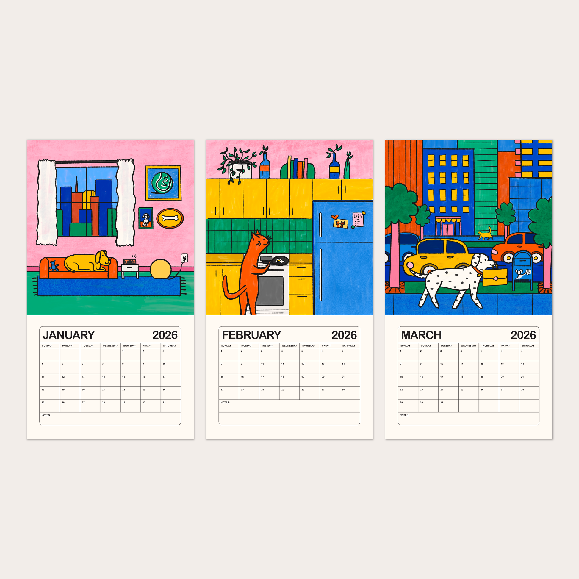 2026 illustrated wall calendar: a day in the life of corporate cats + dogs