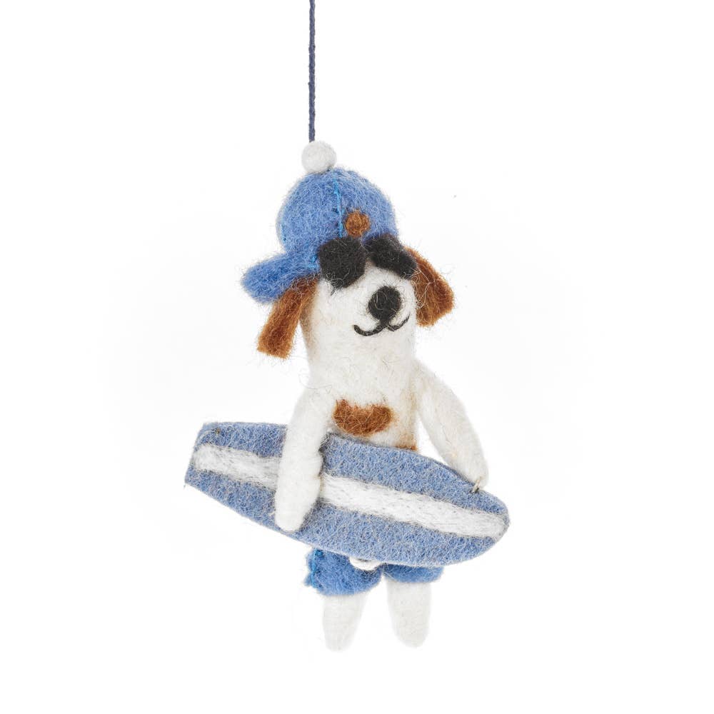 handmade felt surfer dog ornament