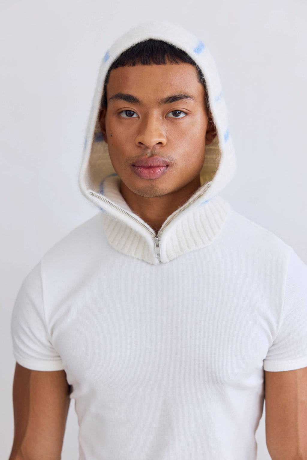 The Alpaca Balaclava with Zip - Arctic White/Sky Blue