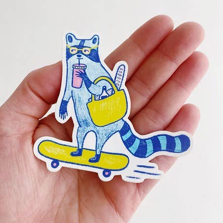 sticker - farmers market skater raccoon