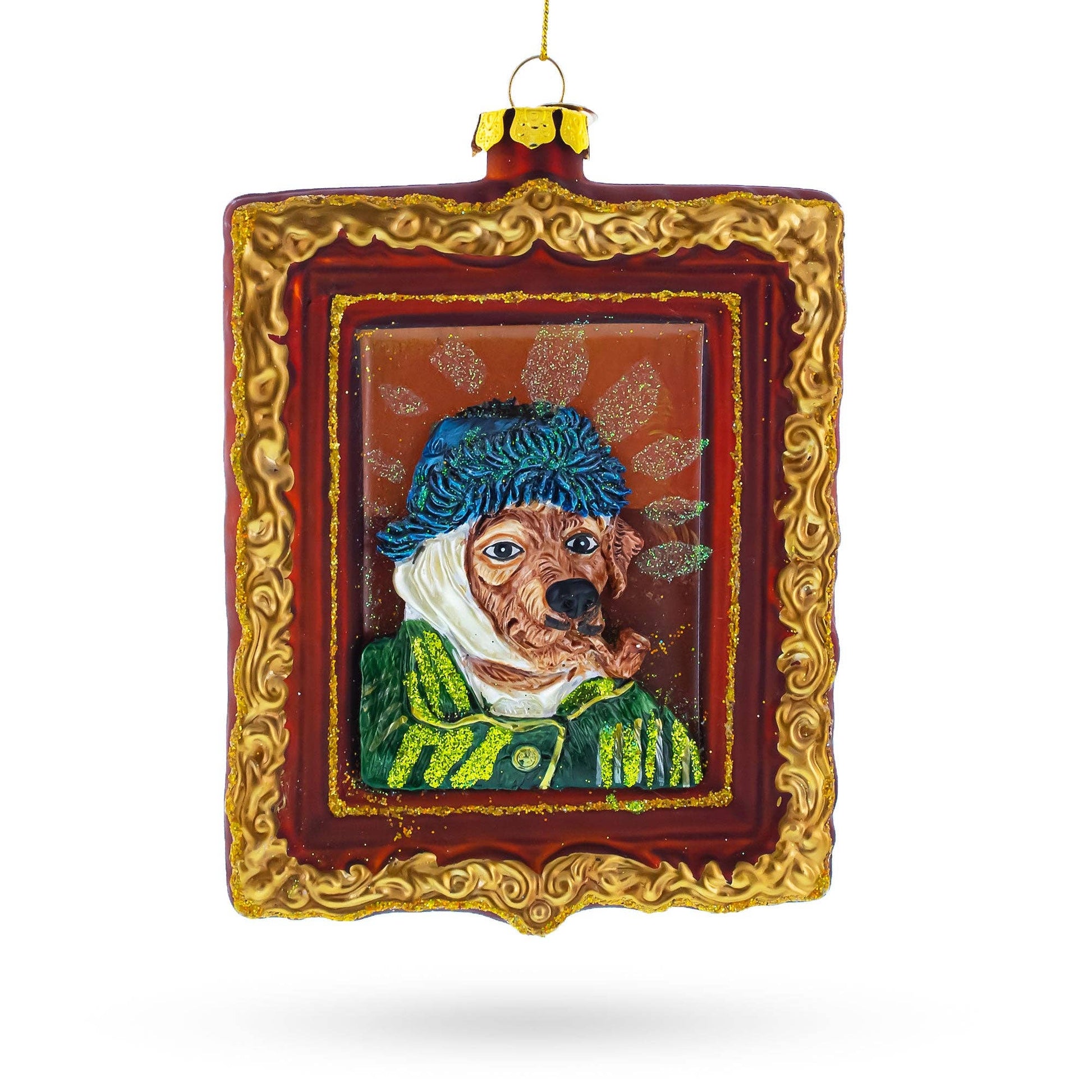 van gogh inspired dog portrait blown glass ornament