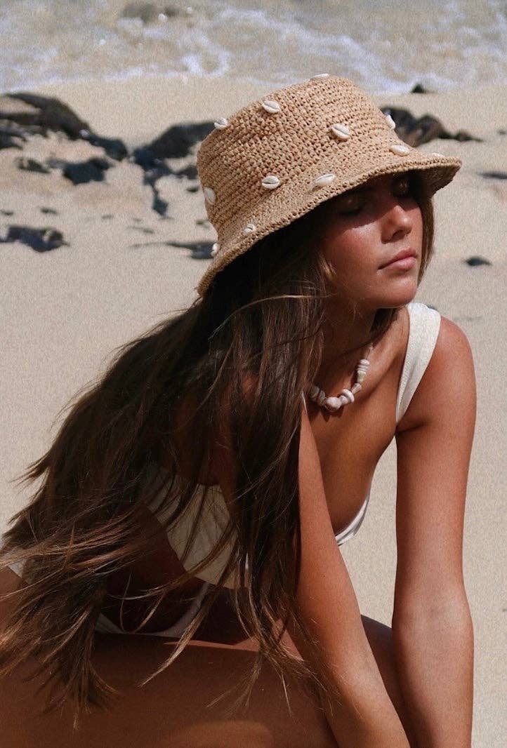 puka dot- cowry shell raffia bucket hat