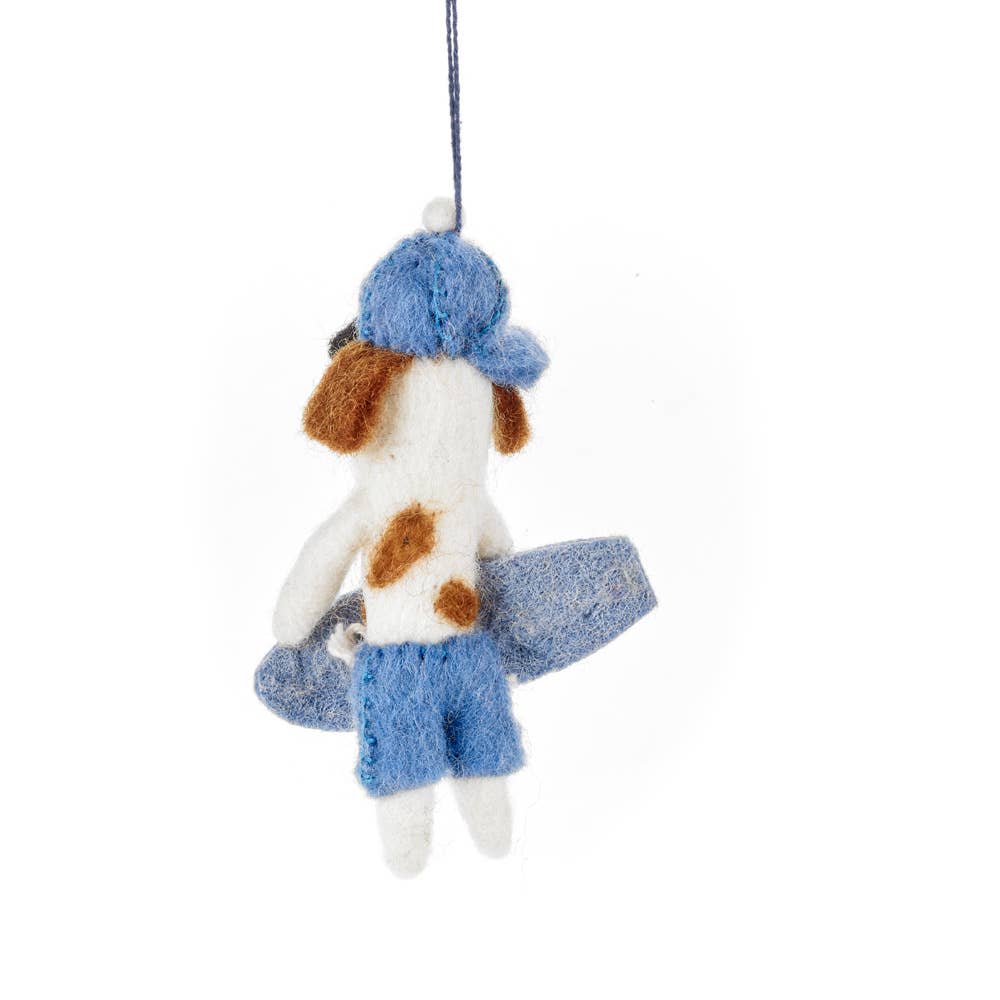 handmade felt surfer dog ornament