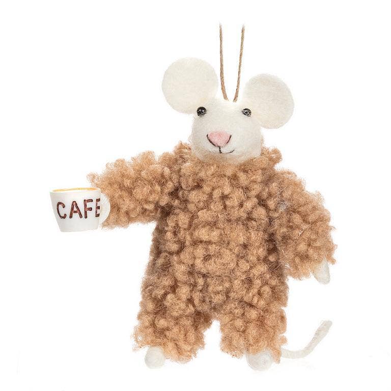 mouse in fuzzy pj's with mug ornament