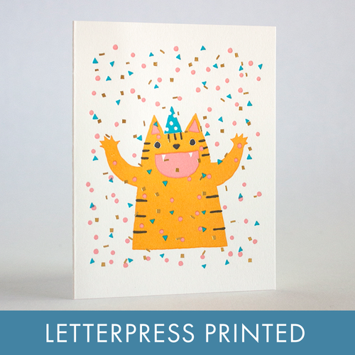 confetti cat party letterpress greeting card