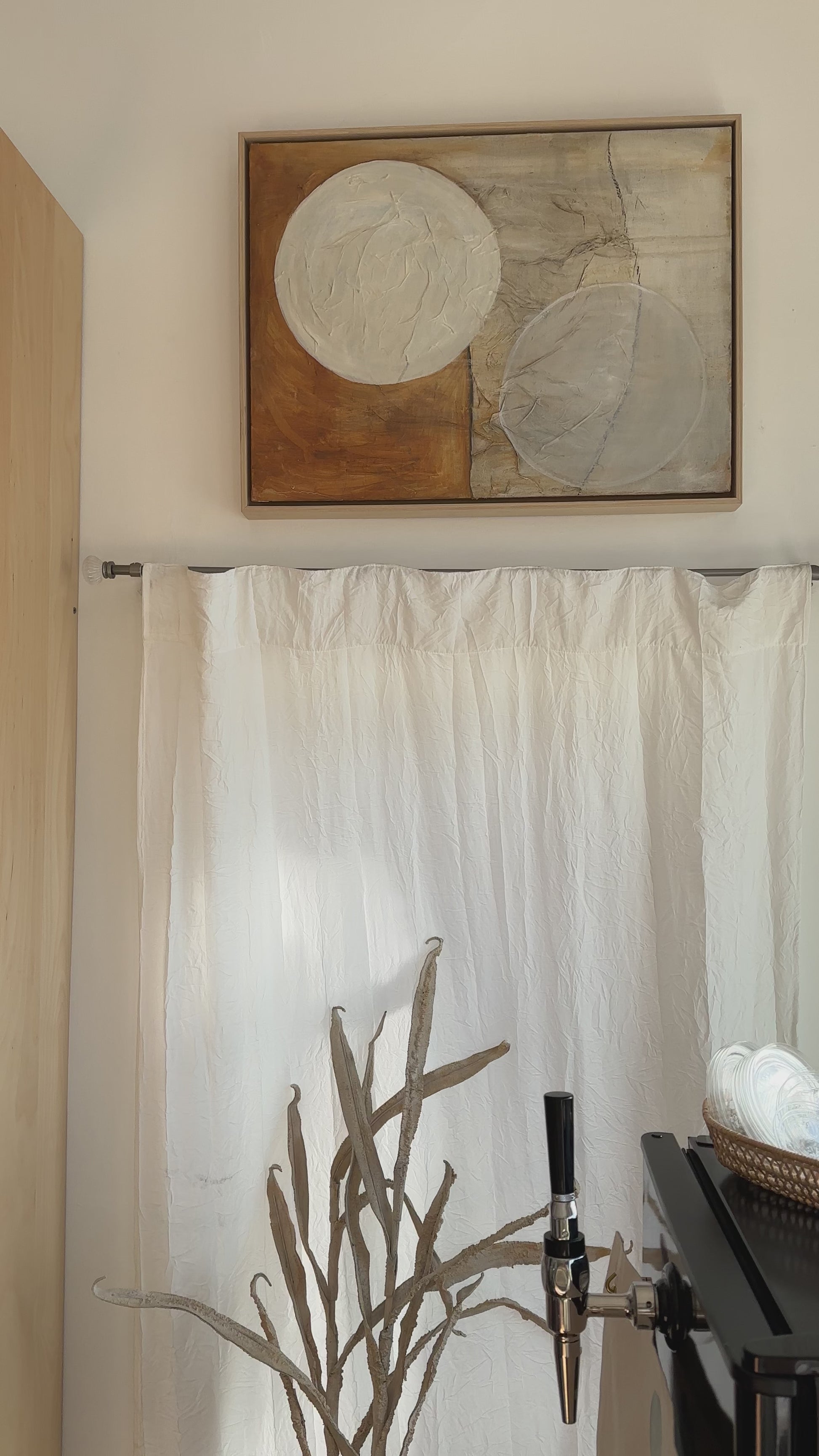 oil + paper on canvas in wood frame circles on orange