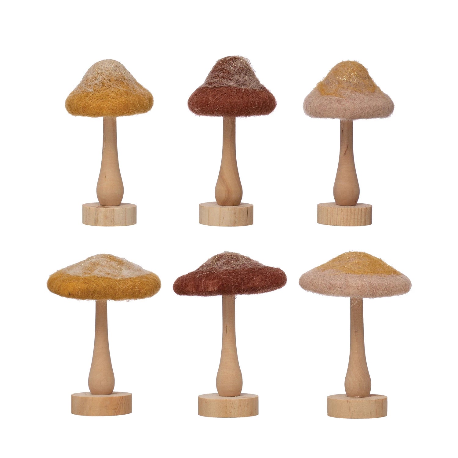 whimsical wool mushroom w. wood base + glitter