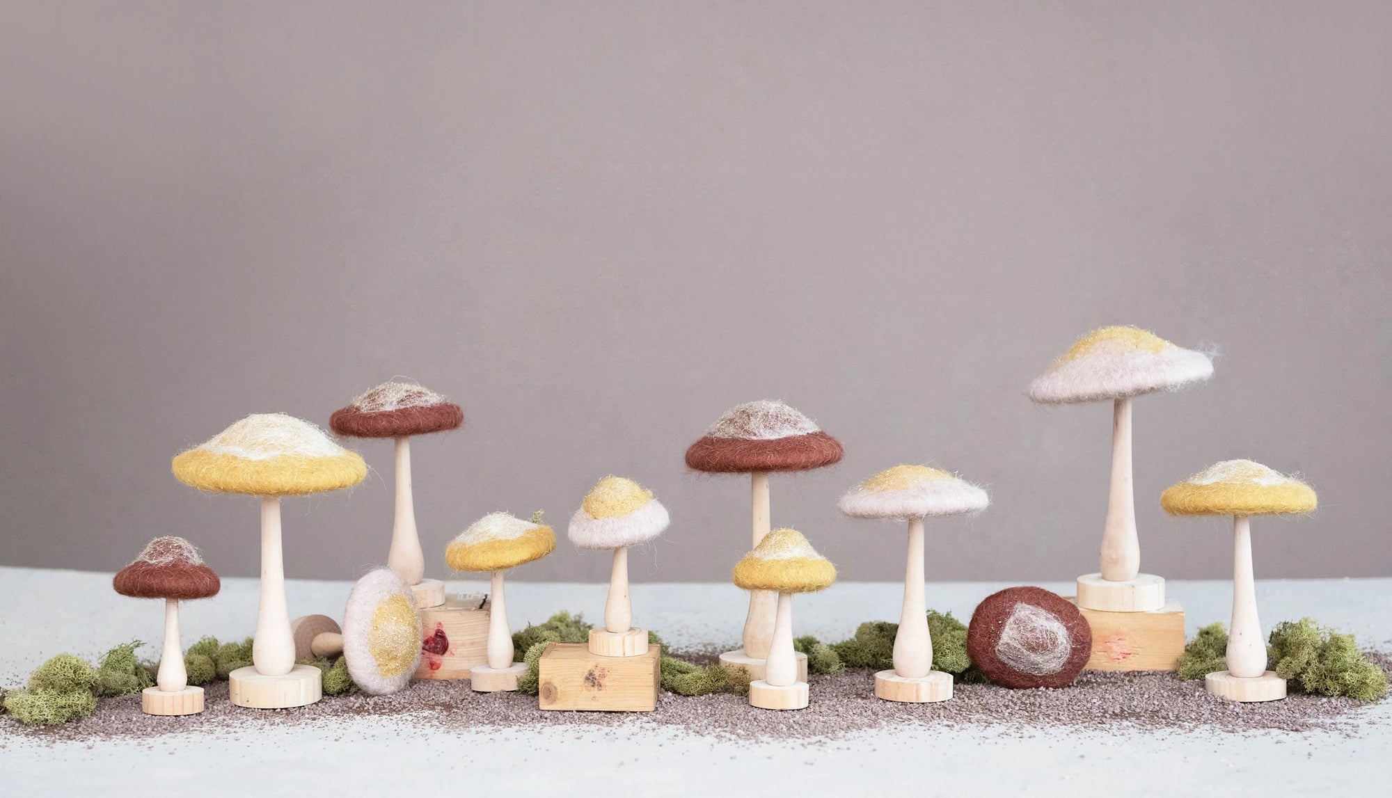 whimsical wool mushroom w. wood base + glitter