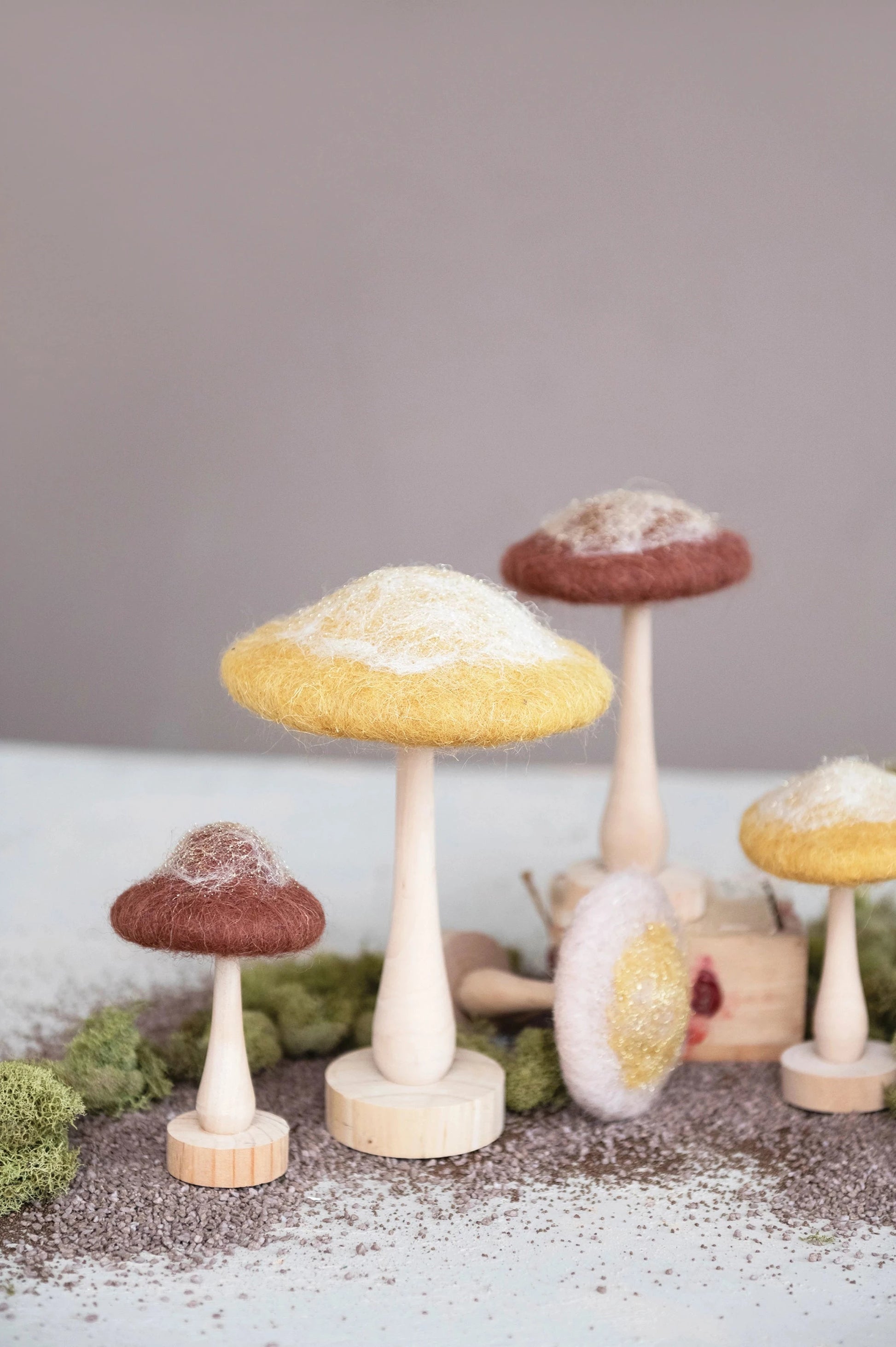 whimsical wool mushroom w. wood base + glitter