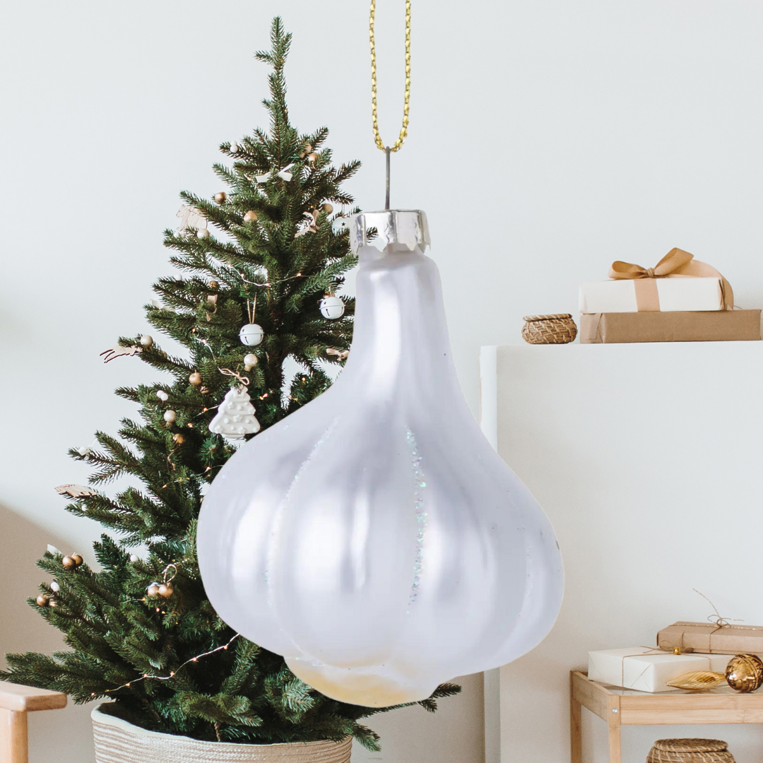 glass garlic bulb with glitter accents ornament