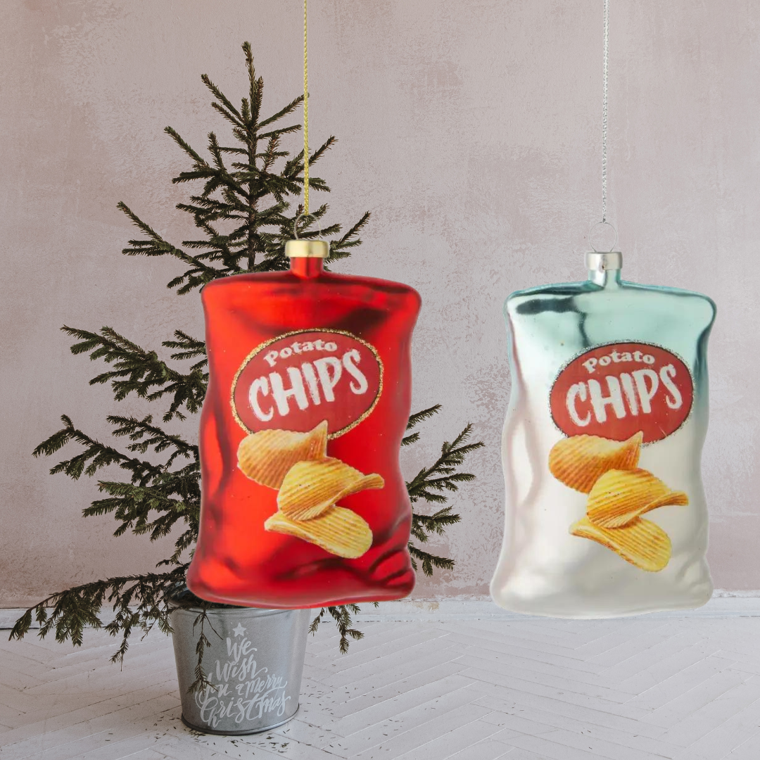 blown glass potato chip bag ornaments