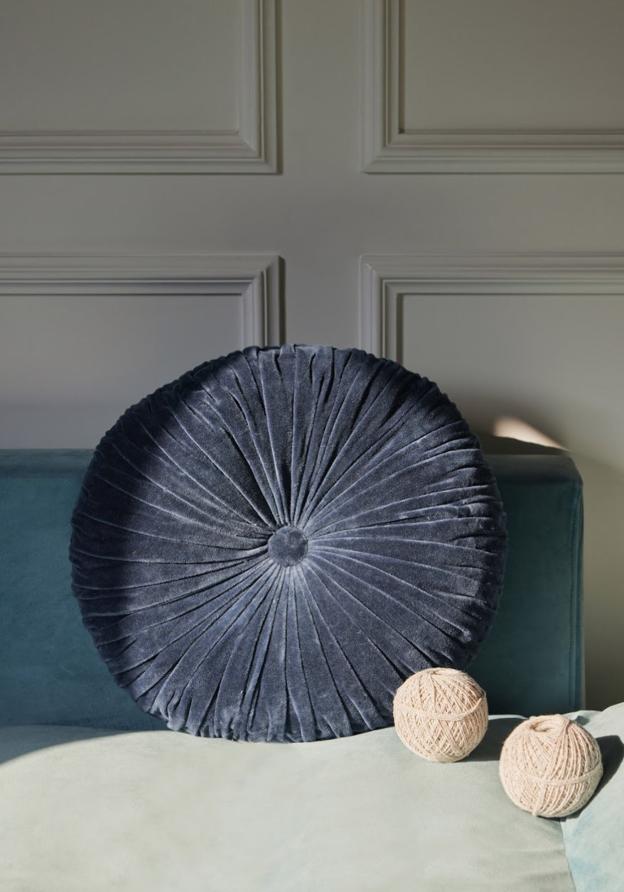 velvet round handmade pillow, indigo