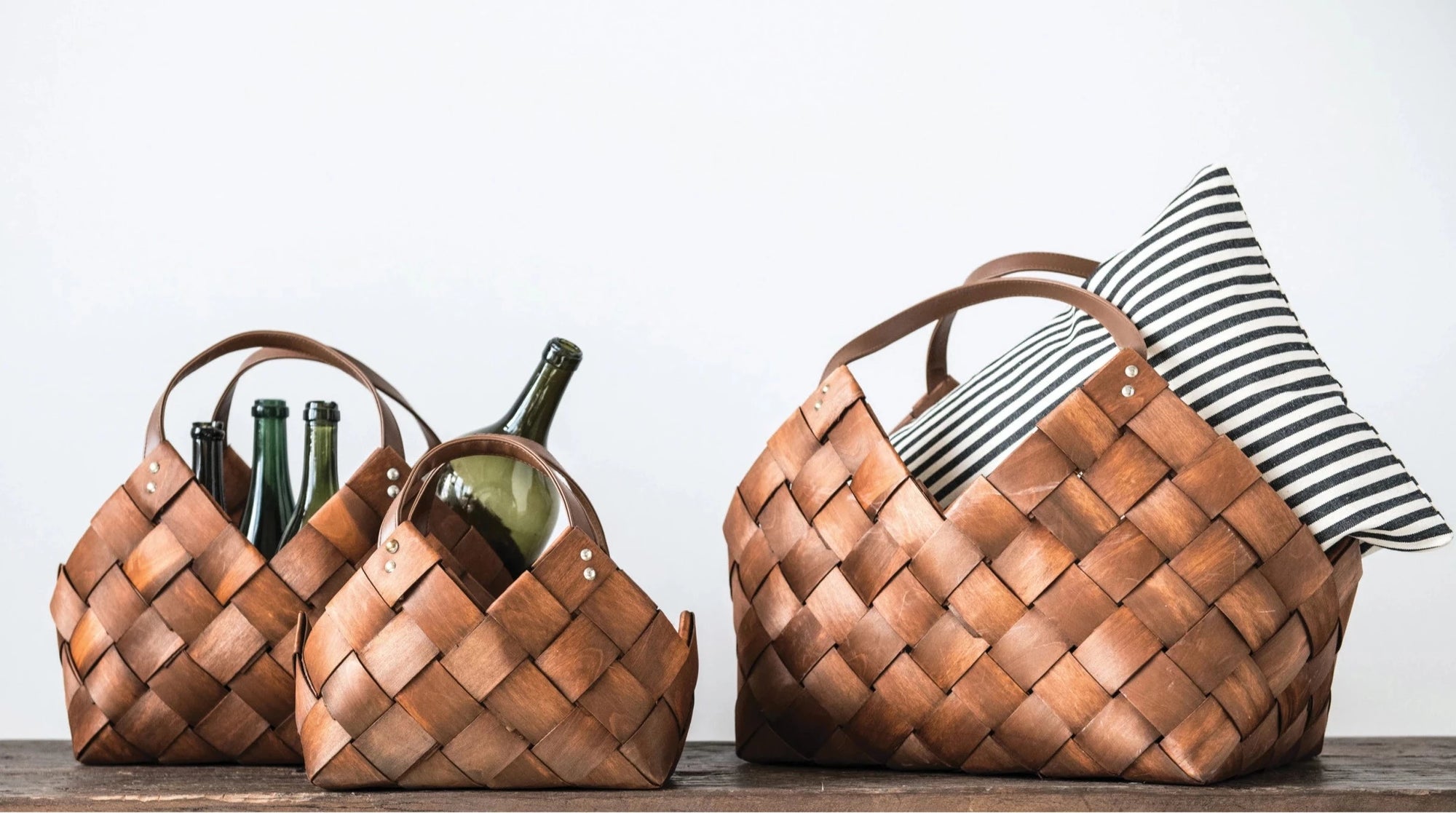woven wood baskets with handles in 3 sizes